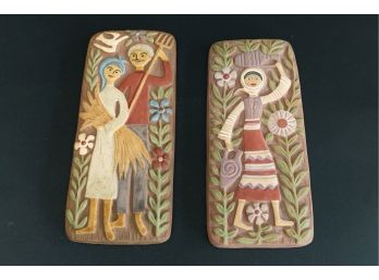 Pair Greek Hand Painted Ceramic Folk Art Hanging Wall Dcor