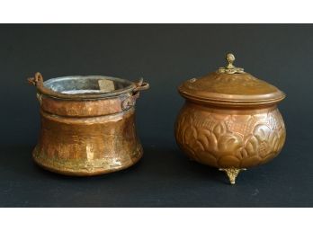 Vintage Copper Tone Hand Hammered Cauldron, Lidded Vessel With Repousse Design And Gilt Metal Tri Footed Base