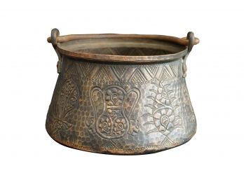 Vintage Copper Tone Metal Cauldron With Intricate Repousse Design