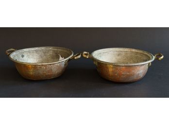 Pair Vintage Copper Tone Metal Pots With Brass Handles