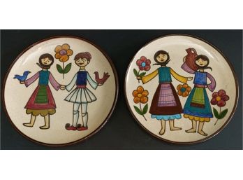 Pair Vintage Hand Painted Greek Folk Art Plates