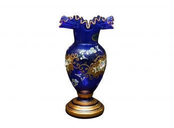 Vintage Czech Republic Blue Bohemian Glass Vase With Ruffled Top, Gilt  Accents, Raised Hand Painted Design