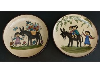 Pair Vintage Hand Painted Greek Folk Art Plates