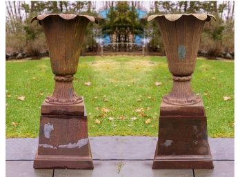 Pair Tulip Form Cast Iron Garden Urns On Pedestals