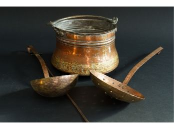 Copper Tone Metal Cauldron With 2 Ladles