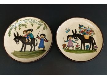 Pair Vintage Hand Painted Greek Folk Art Plates