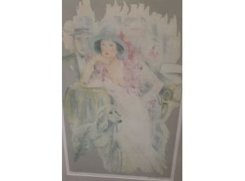 Large Artist Signed 1920s Gatsby Type Art Piece Woman And Dog In Frame