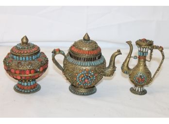 Intricate Detail Tibetan Or Asian Three Piece Jeweled Metal Tea Set