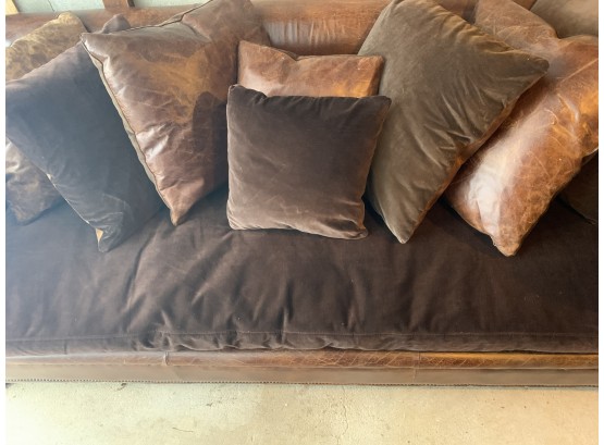 Restoration Hardware Chocolate Leather Sofa With Decorative Studs And Pillows