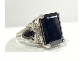 Large Sterling Silver & Faceted Black Onyx Ring