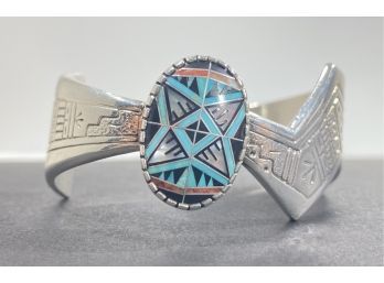 Exceptional Native American Signed Carolyn Pollack Sterling Silver & Inlaid Turquoise Cuff Bracelet