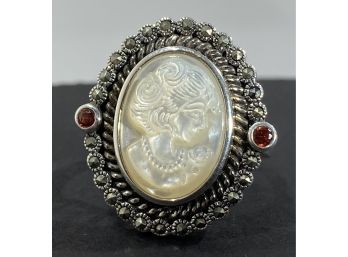 Large Sterling Silver , Marcasite , Garnet & Mother Of Pearl Ring