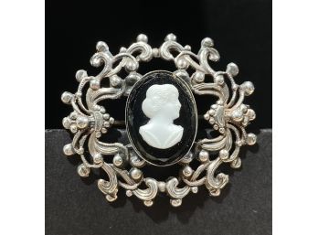 Vintage Ornate Sterling Silver  , Black & White Glass Cameo Brooch