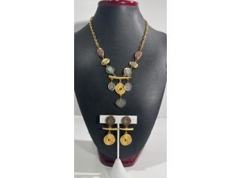 Vintage Signed Liz Clairborne Modernistic Mixed Metal & Glass Necklace & Earrings Set