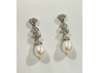 Elegant 10 K  White Gold , Diamond & Pearl Dangle Earrings