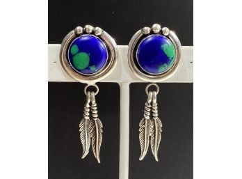 Gorgeous Pair Of  Sterling Silver , Azurite & Malachite Native American Indian Earrings -Signed -