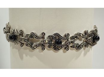 Vintage Sterling Silver , Marcasite & Black Onyx Link Bracelet