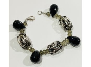 Unique Sterling Silver , Faceted Black Glass & 'Cage' Link Bracelet