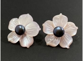 Pair Of Sterling Silver , Carved  Mother Of Pearl & Black Pearl Flower Form Earrings