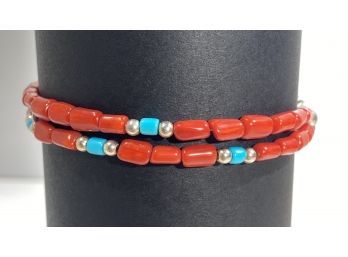 Sterling Silver , Red Coral & Turquoise Bead Double Strand Bracelet