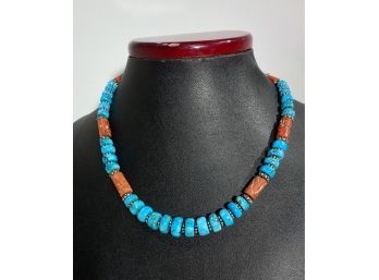 Turquoise & Red Coral Bead Necklace