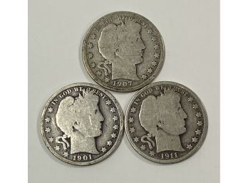 Lot Of 3 Silver Barber Half Dollars   - 1901,1907 - D  & 1911