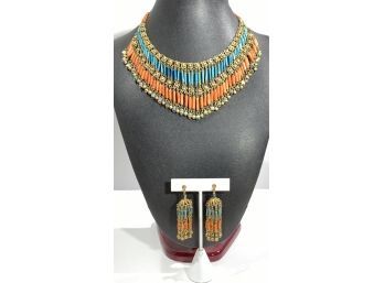 Unique Antique Blue Faience & Carnelian Egyptian Necklace & Earrings