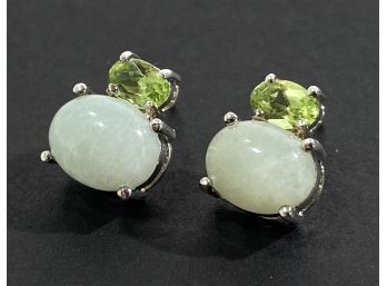 Pair Of Sterling Silver , Peridot & Jade Earrings