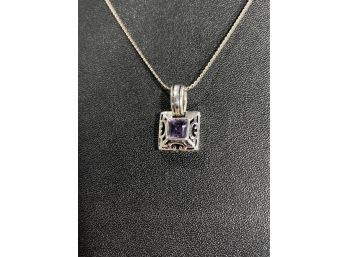 Sterling Silver & Amethyst Square Pendant & Necklace