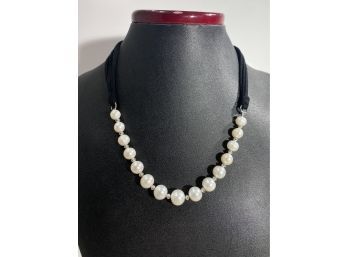 Sterling Silver , Black Cloth & Pearl Necklace