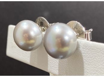 Pair Of Sterling Silver & Large Silver / Gray Pearl Earrings