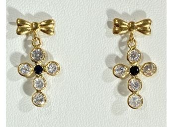 18 K Yellow Gold , Sapphire & Clear Stone Cross Earrings