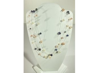 14K Gold & Multi - Color 'Floating' Pearl Necklace - 3 Strand