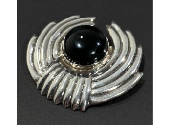 Large Vintage Sterling Silver & Black Onyx Brooch