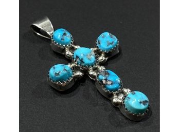 Gorgeous Vintage Sterling Silver & Turquoise Native American Indian Cross - Signed Running Bear -