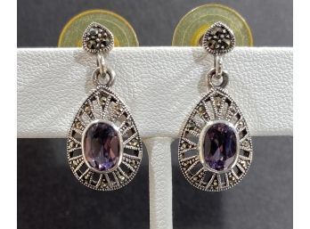 Pair Of Sterling Silver , Amethyst & Marcasite Dangle Earrings