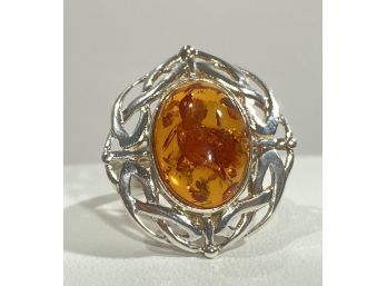 Large Sterling Silver & Polished Amber Cabochon Ring