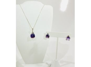 Sterling Silver ,  Marcasite & Purple CZ Necklace, Pendant  And Earrings Set