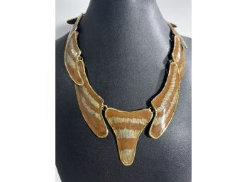 Signed Luciano Brass & Brown / Gray Enamel Statement Necklace