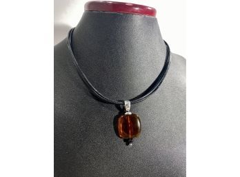 Silpada Sterling Silver & Black Cord Necklace With Amber Colored Pendant