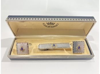 Vintage Sterling Silver Cuff Link & Tie Bar Set With Masonic Emblems