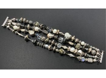 Unique 4 Strand Sterling Silver , Pearl , Pyrite ,Crystal & More Bead Bracelet