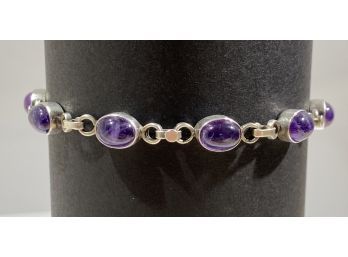 Vintage Sterling Silver & Amethyst Cabochon Link Toggle Bracelet