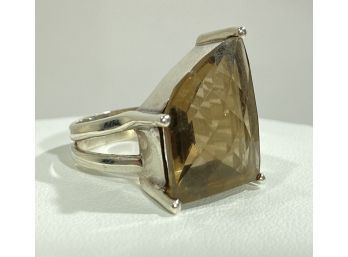 Sterling Silver & Large Faceted Smokey Quartz Statement Ring