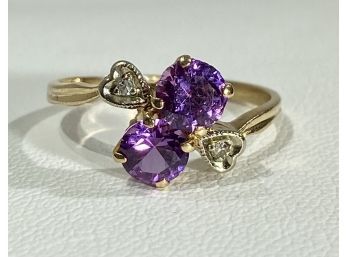 14 K Yellow Gold 2 Stone Amethyst Ring With Diamond Accents