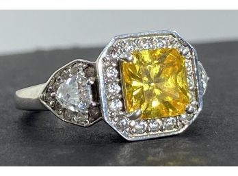 Beautiful  Sterling Silver , Canary Yellow & Clear CZ Ring