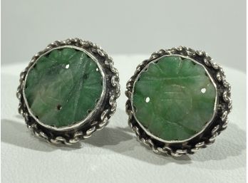 Pair Of Vintage Sterling Silver & Carved Jade Screw Back Earrings