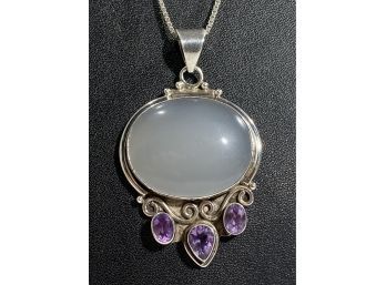 Large Polished Quartz & Amethyst Pendant With Chain