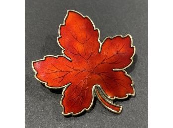 Vintage Sterling Silver & Red Enamel Leaf Pin - Denmark -