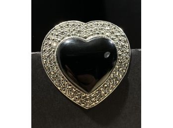 Large Vintage Sterling Silver , Marcasite & Black Onyx Heart Pin Or Pendant